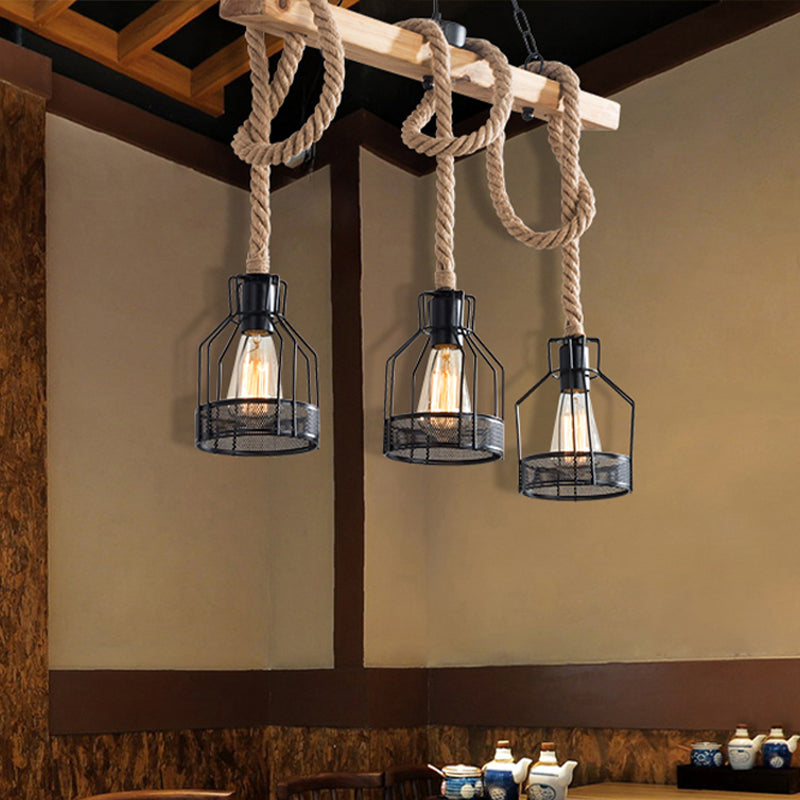 Wood Hanging Island Light Farmhouse Metal Bottle Shaped Cage Pendant Lamp for Restaurant