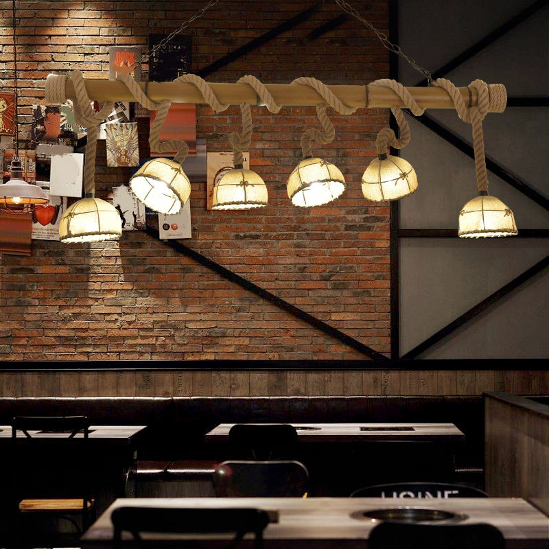 6 Lights Fabric Island Light Farmhouse Wood Bowl Shade Restaurant Pendant Lighting
