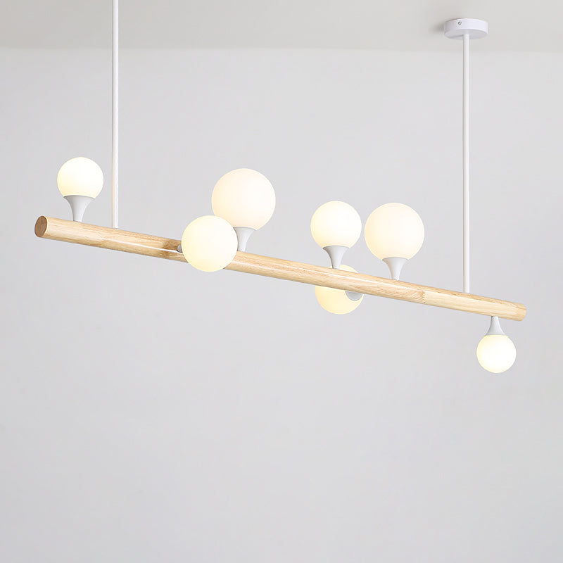 Wood Linear Hanging Island Light Minimalism Opal Ball Glass Drop Pendant for Restaurant