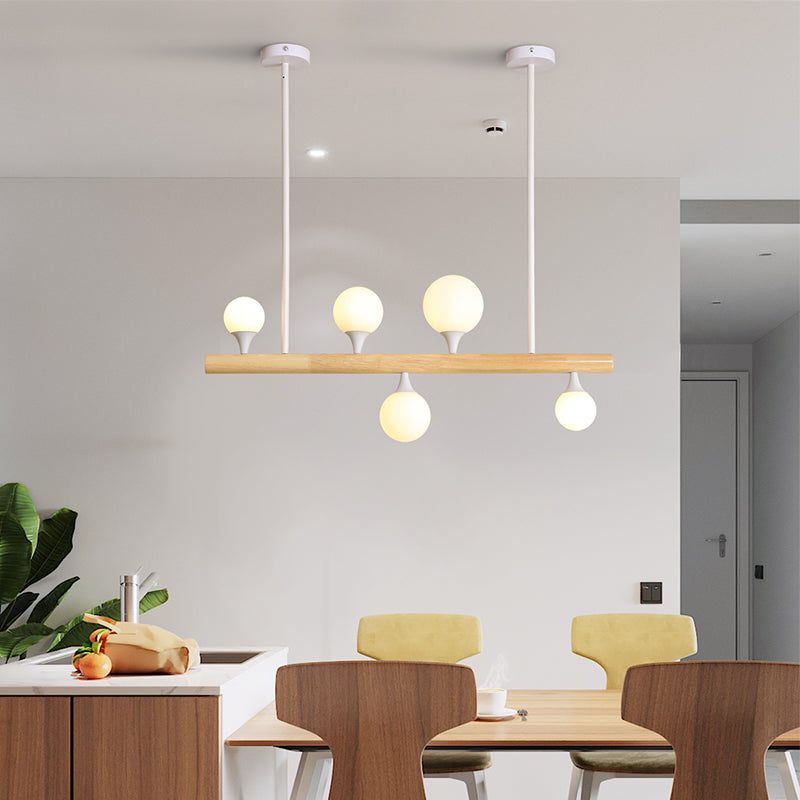Wood Linear Hanging Island Light Minimalism Opal Ball Glass Drop Pendant for Restaurant