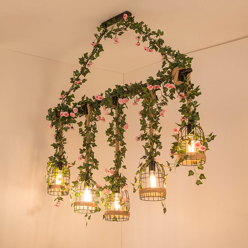 Farmhouse Shaded Pendant Lamp Metallic Hanging Island Light with Faux Plant in Green