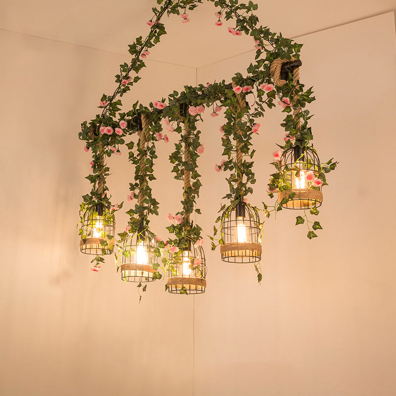 Farmhouse Shaded Pendant Lamp Metallic Hanging Island Light with Faux Plant in Green