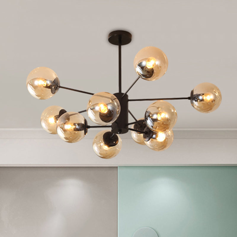 Amber/Blue/Clear Glass Spherical Chandelier Light Post Modern 6/8/10 Lights Black Pendant Lamp for Bedroom