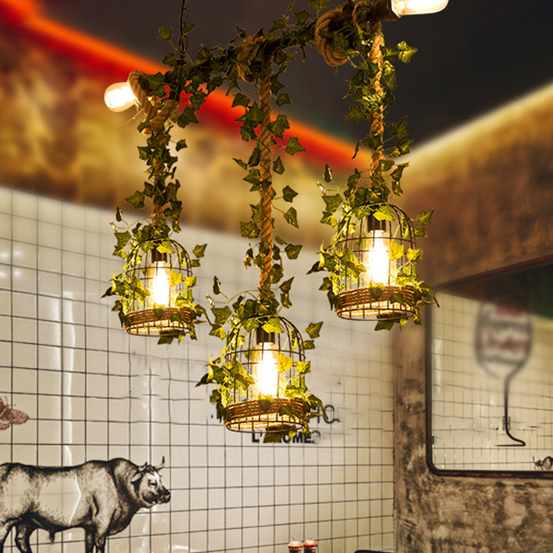 Farmhouse Shaded Pendant Lamp Metallic Hanging Island Light with Faux Plant in Green