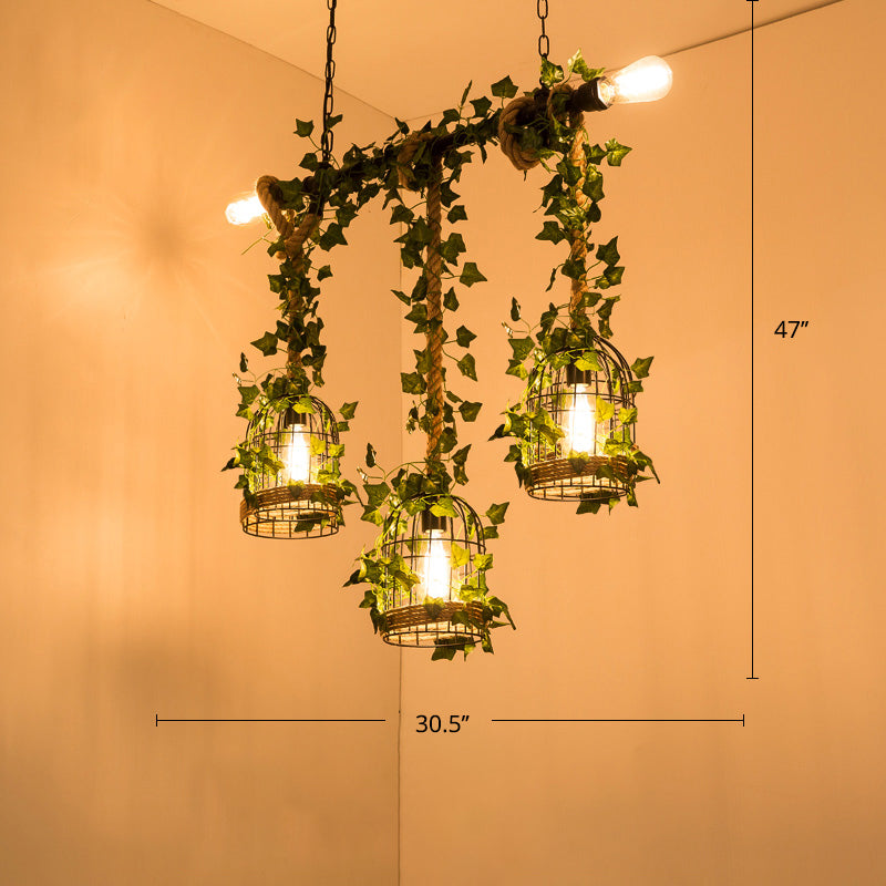 Farmhouse Shaded Pendant Lamp Metallic Hanging Island Light with Faux Plant in Green