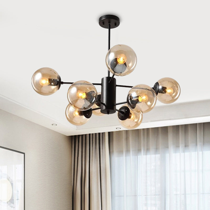 Amber/Blue/Clear Glass Spherical Chandelier Light Post Modern 6/8/10 Lights Black Pendant Lamp for Bedroom