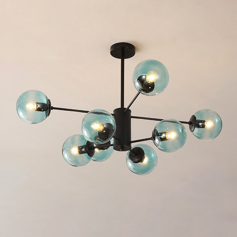 Amber/Blue/Clear Glass Spherical Chandelier Light Post Modern 6/8/10 Lights Black Pendant Lamp for Bedroom