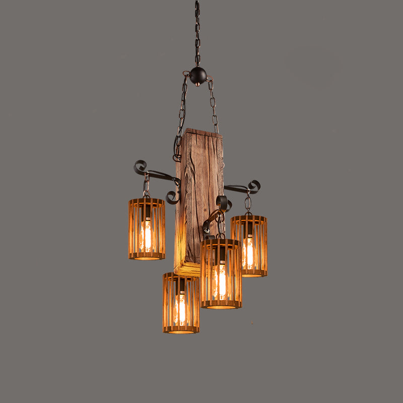 Farmhouse Cylindrical Cage Chandelier Light Wooden Hanging Lamp Kit for Dining Room