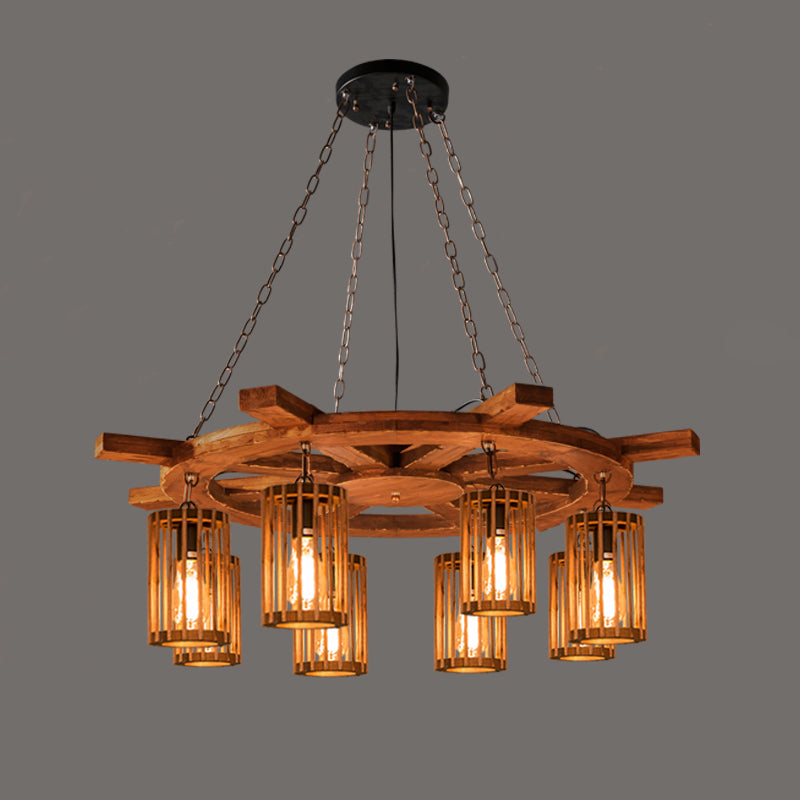 Farmhouse Cylindrical Cage Chandelier Light Wooden Hanging Lamp Kit for Dining Room