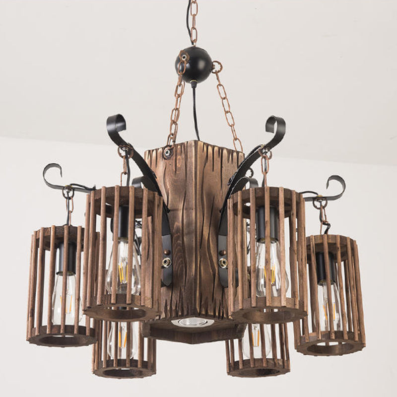 Farmhouse Cylindrical Cage Chandelier Light Wooden Hanging Lamp Kit for Dining Room