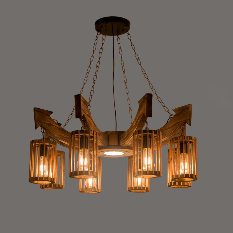 Farmhouse Cylindrical Cage Chandelier Light Wooden Hanging Lamp Kit for Dining Room