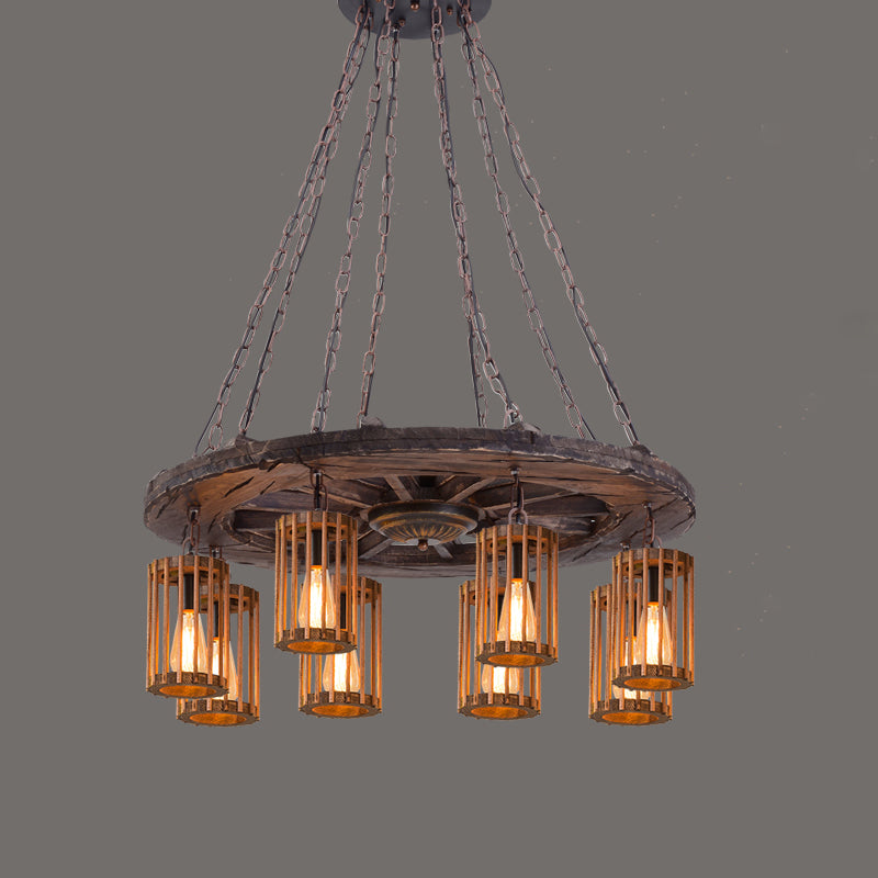 Farmhouse Cylindrical Cage Chandelier Light Wooden Hanging Lamp Kit for Dining Room