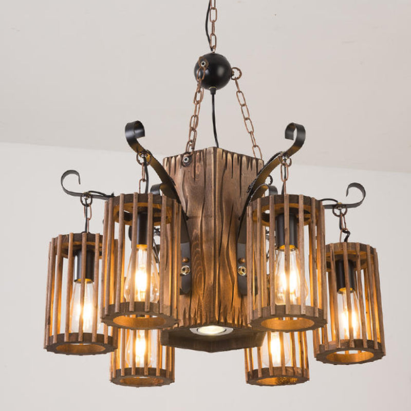 Farmhouse Cylindrical Cage Chandelier Light Wooden Hanging Lamp Kit for Dining Room