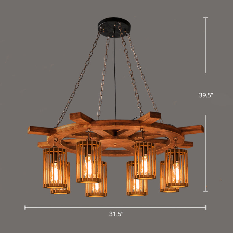 Farmhouse Cylindrical Cage Chandelier Light Wooden Hanging Lamp Kit for Dining Room