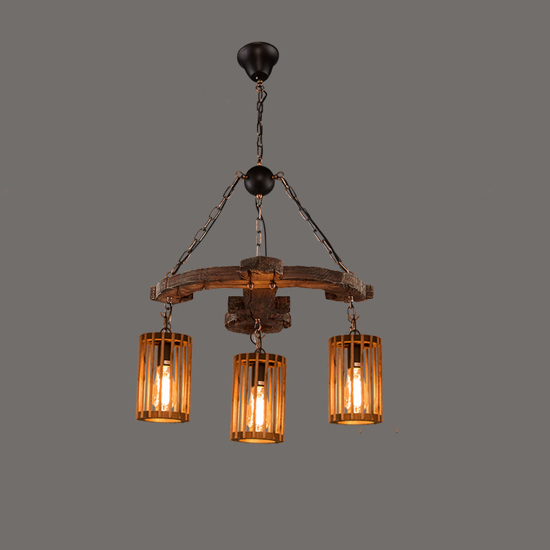 Farmhouse Cylindrical Cage Chandelier Light Wooden Hanging Lamp Kit for Dining Room