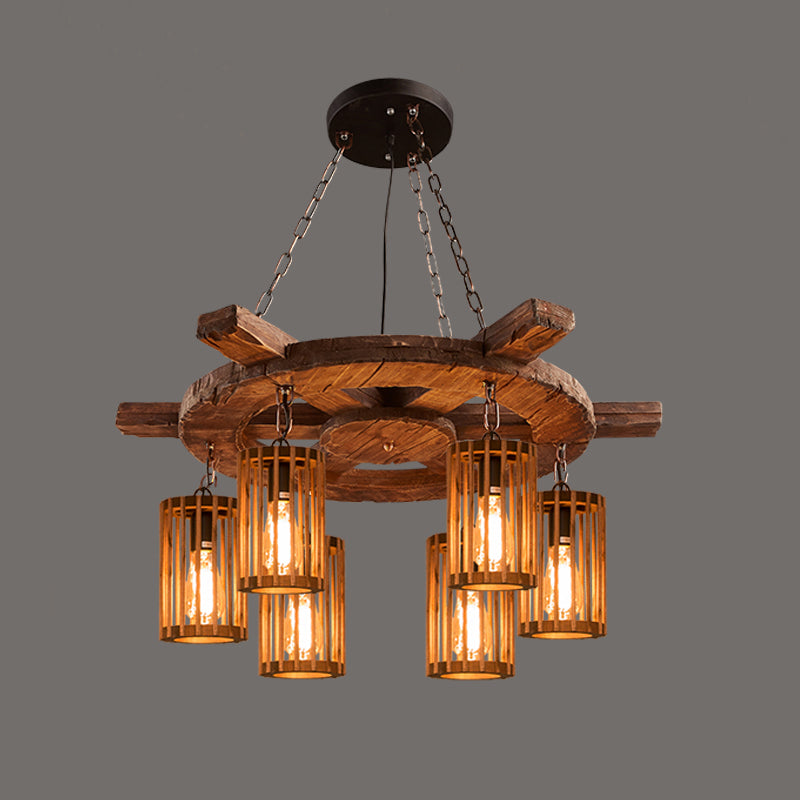 Farmhouse Cylindrical Cage Chandelier Light Wooden Hanging Lamp Kit for Dining Room