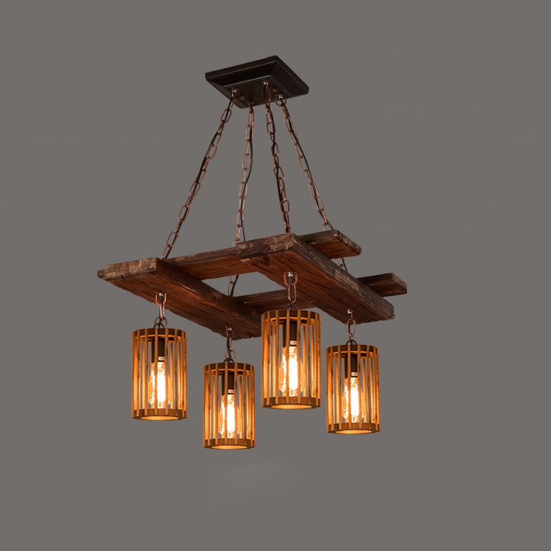 Farmhouse Cylindrical Cage Chandelier Light Wooden Hanging Lamp Kit for Dining Room
