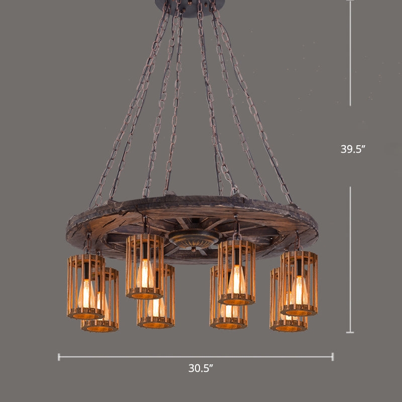 Farmhouse Cylindrical Cage Chandelier Light Wooden Hanging Lamp Kit for Dining Room