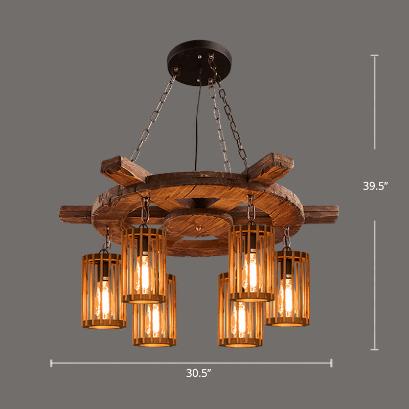 Farmhouse Cylindrical Cage Chandelier Light Wooden Hanging Lamp Kit for Dining Room