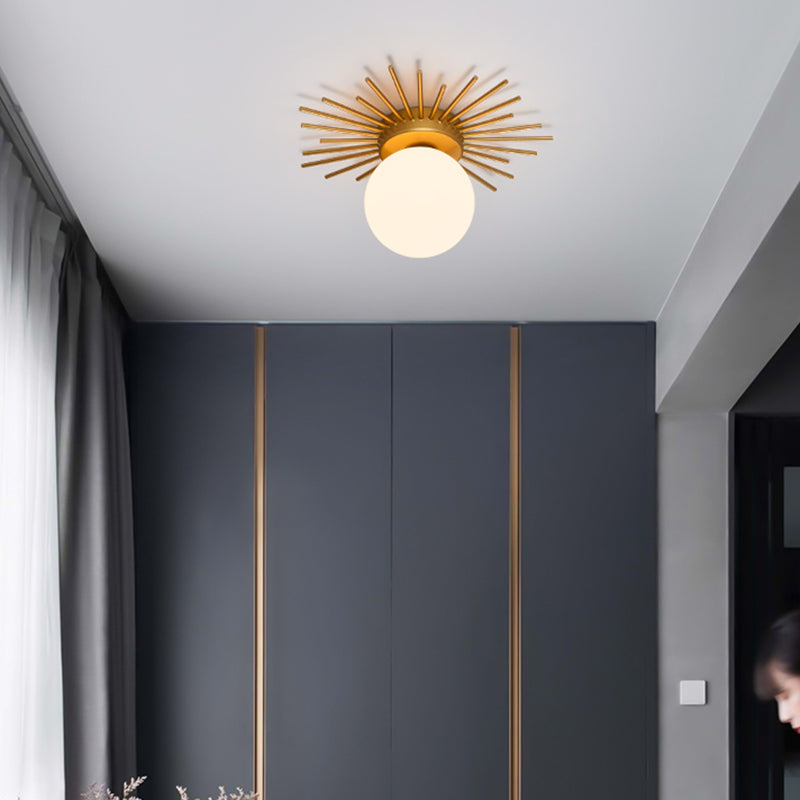 Single-Bulb Bedroom Ceiling Light Postmodern Gold Finish Flushmount Light with Ball Cream Glass Shade