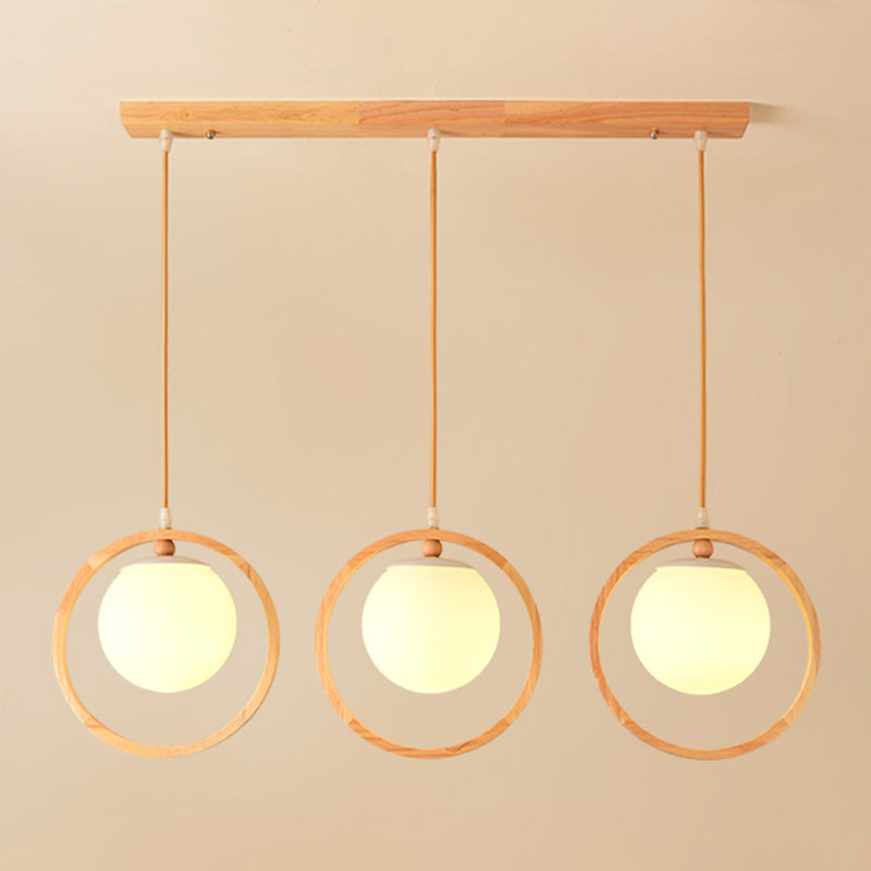 Opaline Glass Ball Cluster Pendant Nordic Style Beige Hanging Light Fixture with Wooden Ring