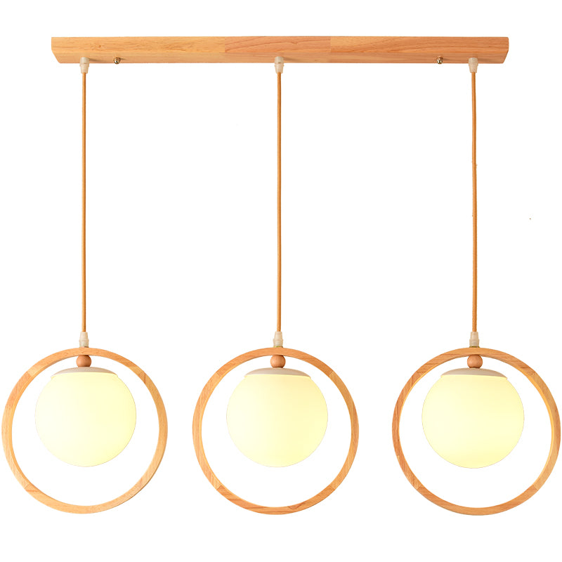 Opaline Glass Ball Cluster Pendant Nordic Style Beige Hanging Light Fixture with Wooden Ring
