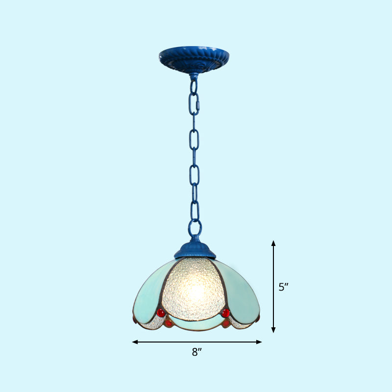 Mediterranean Dome Pendant Lighting Fixture Single Hand-Crafted Glass Hanging Light for Restaurant
