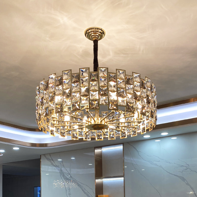 Black Drum Shaped Chandelier Pendant Minimalist Crystal Rectangle Suspension Light for Living Room
