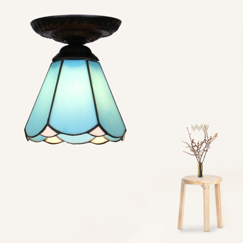 Single Flower Ceiling Mounted Light Vintage Handcrafted Stained Glass Flushmount Lighting for Aisle