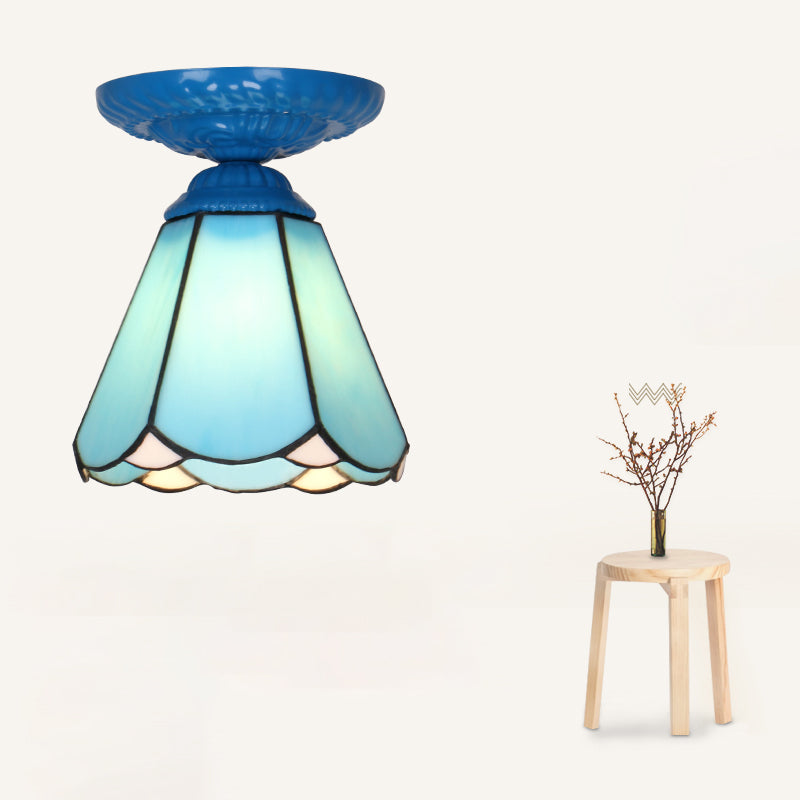 Single Flower Ceiling Mounted Light Vintage Handcrafted Stained Glass Flushmount Lighting for Aisle