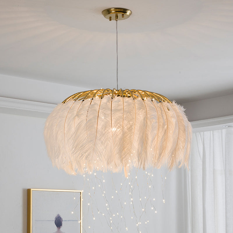 Round Chandelier Nordic Feather Bedroom Ceiling Pendant Light with Firefly LED String