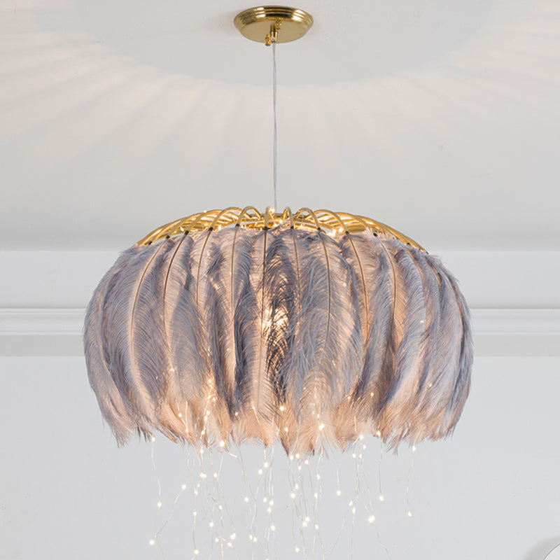 Round Chandelier Nordic Feather Bedroom Ceiling Pendant Light with Firefly LED String