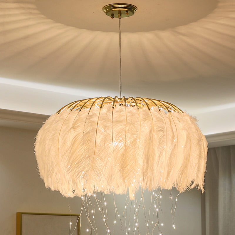 Round Chandelier Nordic Feather Bedroom Ceiling Pendant Light with Firefly LED String