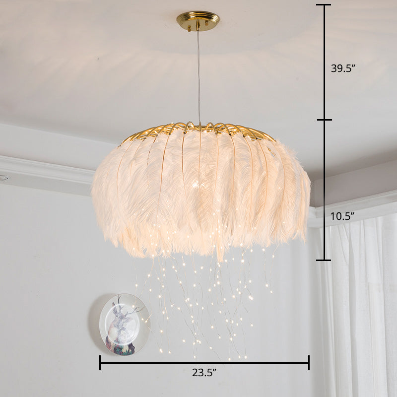 Round Chandelier Nordic Feather Bedroom Ceiling Pendant Light with Firefly LED String