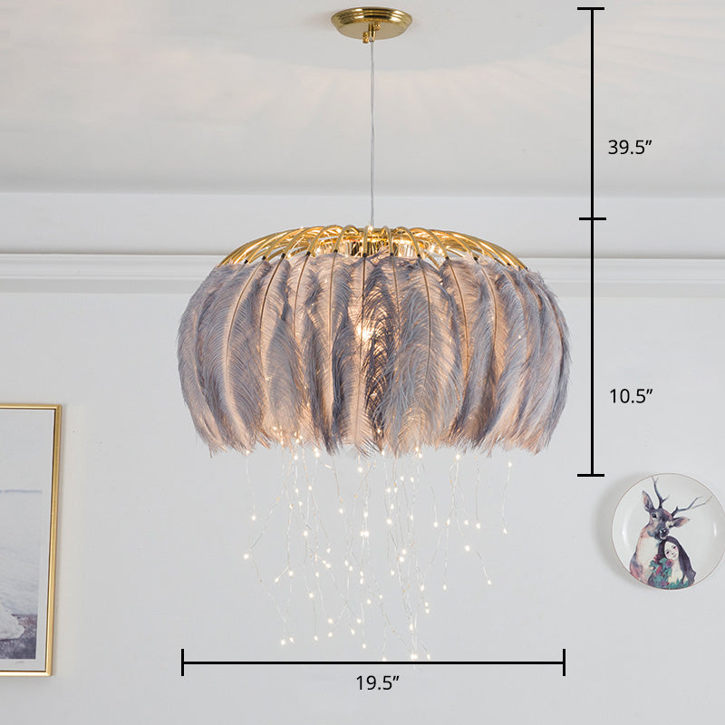 Round Chandelier Nordic Feather Bedroom Ceiling Pendant Light with Firefly LED String