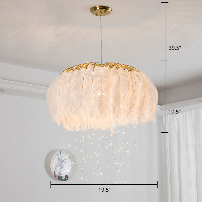 Round Chandelier Nordic Feather Bedroom Ceiling Pendant Light with Firefly LED String