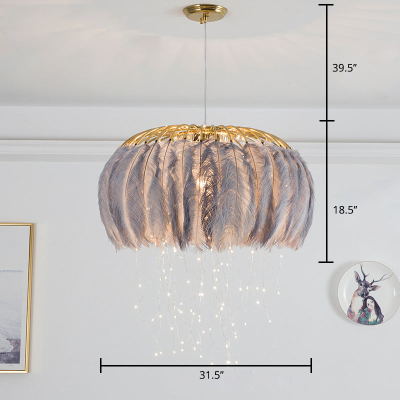 Round Chandelier Nordic Feather Bedroom Ceiling Pendant Light with Firefly LED String