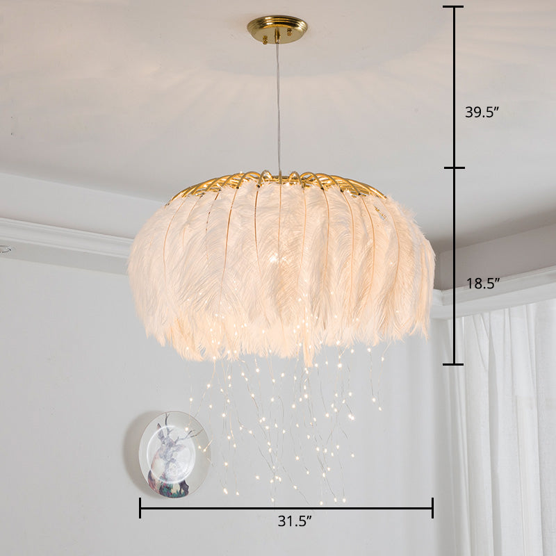 Round Chandelier Nordic Feather Bedroom Ceiling Pendant Light with Firefly LED String