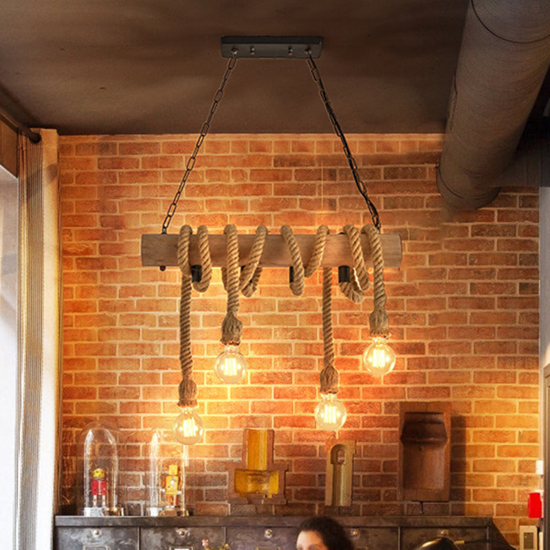 4-Head Open Bulb Island Lighting Fixture Rural Wood Hand-Wrapped Rope Suspension Light