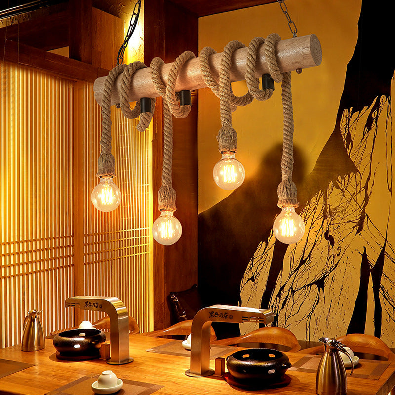 4-Head Open Bulb Island Lighting Fixture Rural Wood Hand-Wrapped Rope Suspension Light