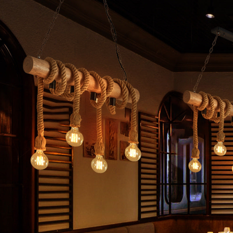 4-Head Open Bulb Island Lighting Fixture Rural Wood Hand-Wrapped Rope Suspension Light