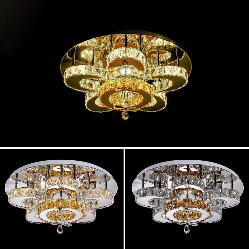 Clear Crystal Flower Ceiling Light Contemporary Chrome LED Flush Light Fixture for Living Room