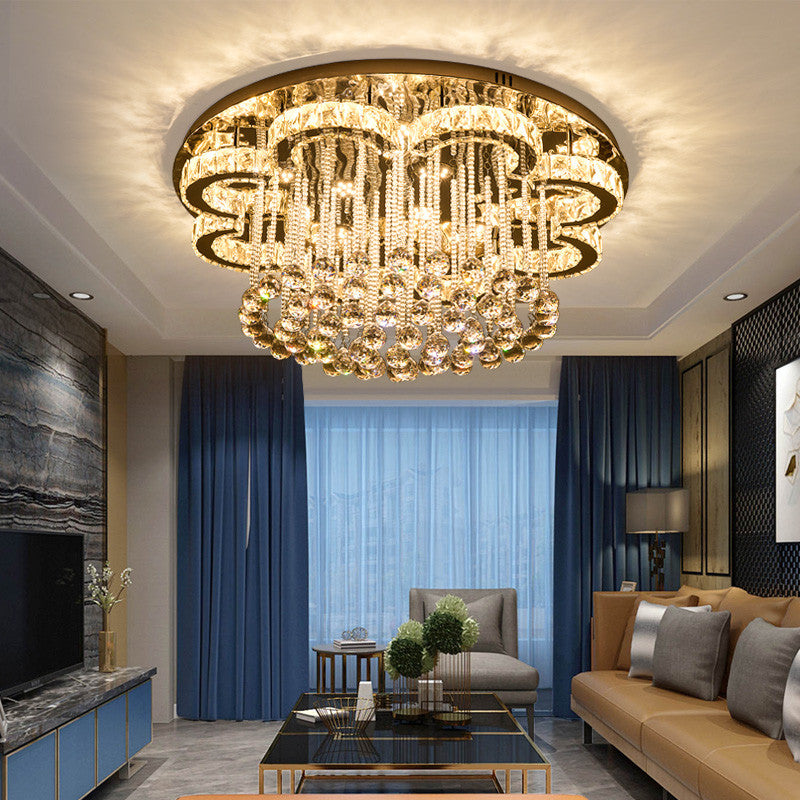 Clear Crystal Flower Ceiling Light Contemporary Chrome LED Flush Light Fixture for Living Room