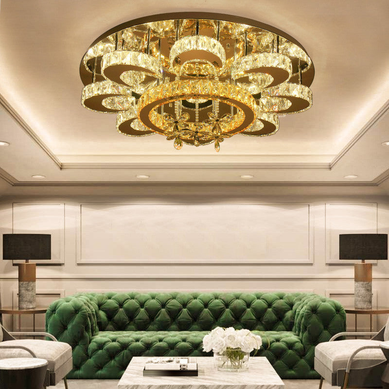 Clear Crystal Flower Ceiling Light Contemporary Chrome LED Flush Light Fixture for Living Room