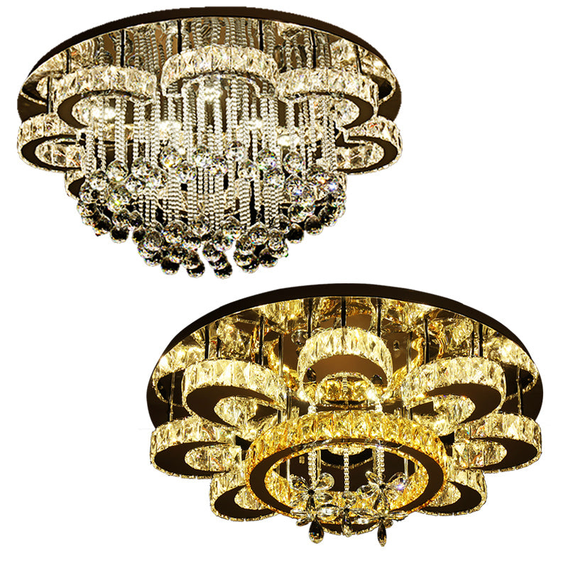 Clear Crystal Flower Ceiling Light Contemporary Chrome LED Flush Light Fixture for Living Room