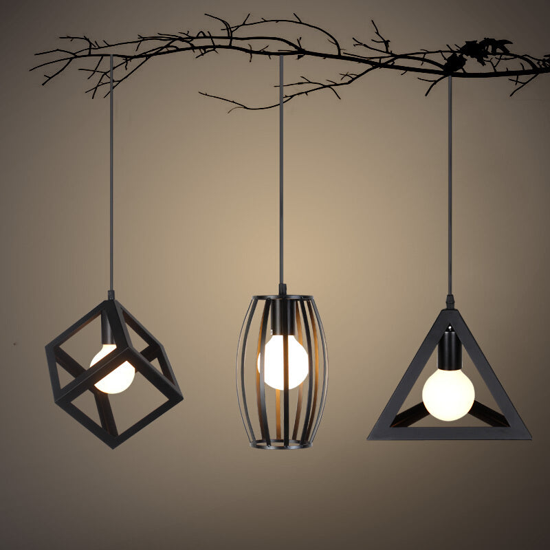 Black 1 Head Suspension Lamp Industrial Iron Geometric Cage Hanging Ceiling Light for Restaurant