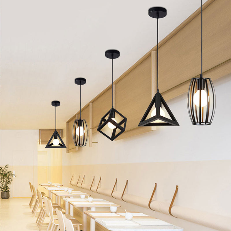 Black 1 Head Suspension Lamp Industrial Iron Geometric Cage Hanging Ceiling Light for Restaurant
