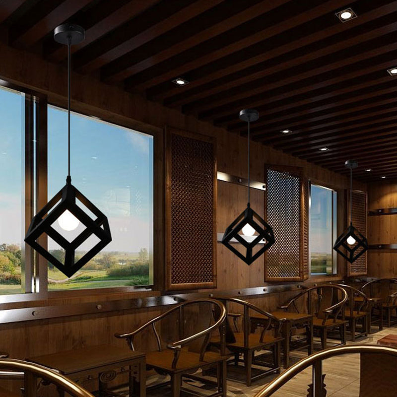Black 1 Head Suspension Lamp Industrial Iron Geometric Cage Hanging Ceiling Light for Restaurant