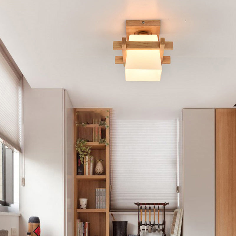 Trapezoid Aisle Ceiling Mount Lamp White Glass 1-Head Modern Flush Mount Light in Wood