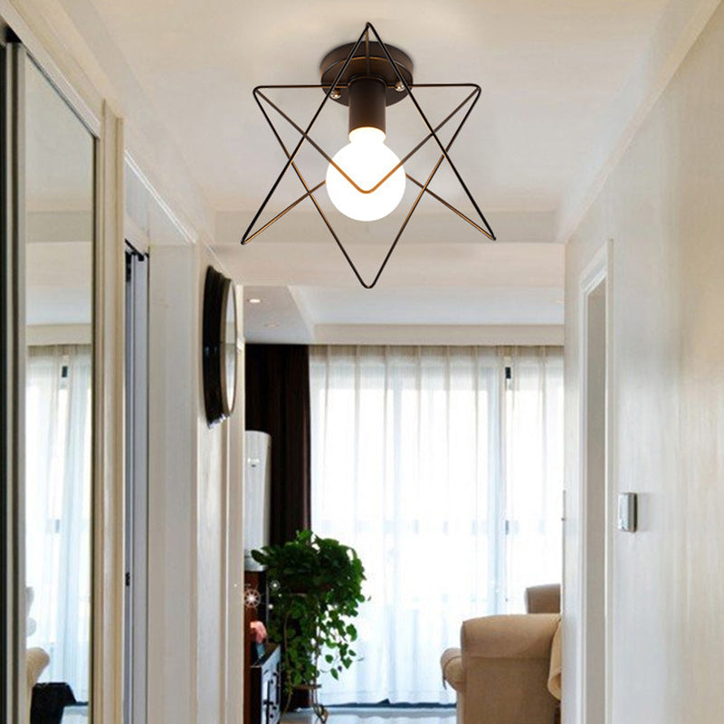 Iron Caged Flushmount Ceiling Lamp Industrial 1-Bulb Hallway Flush Mount Lighting in Black